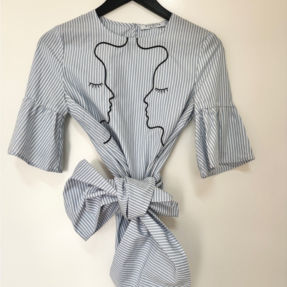 Vivetta Pin Striped Blue and White Blouse w Embroidery & removable sash